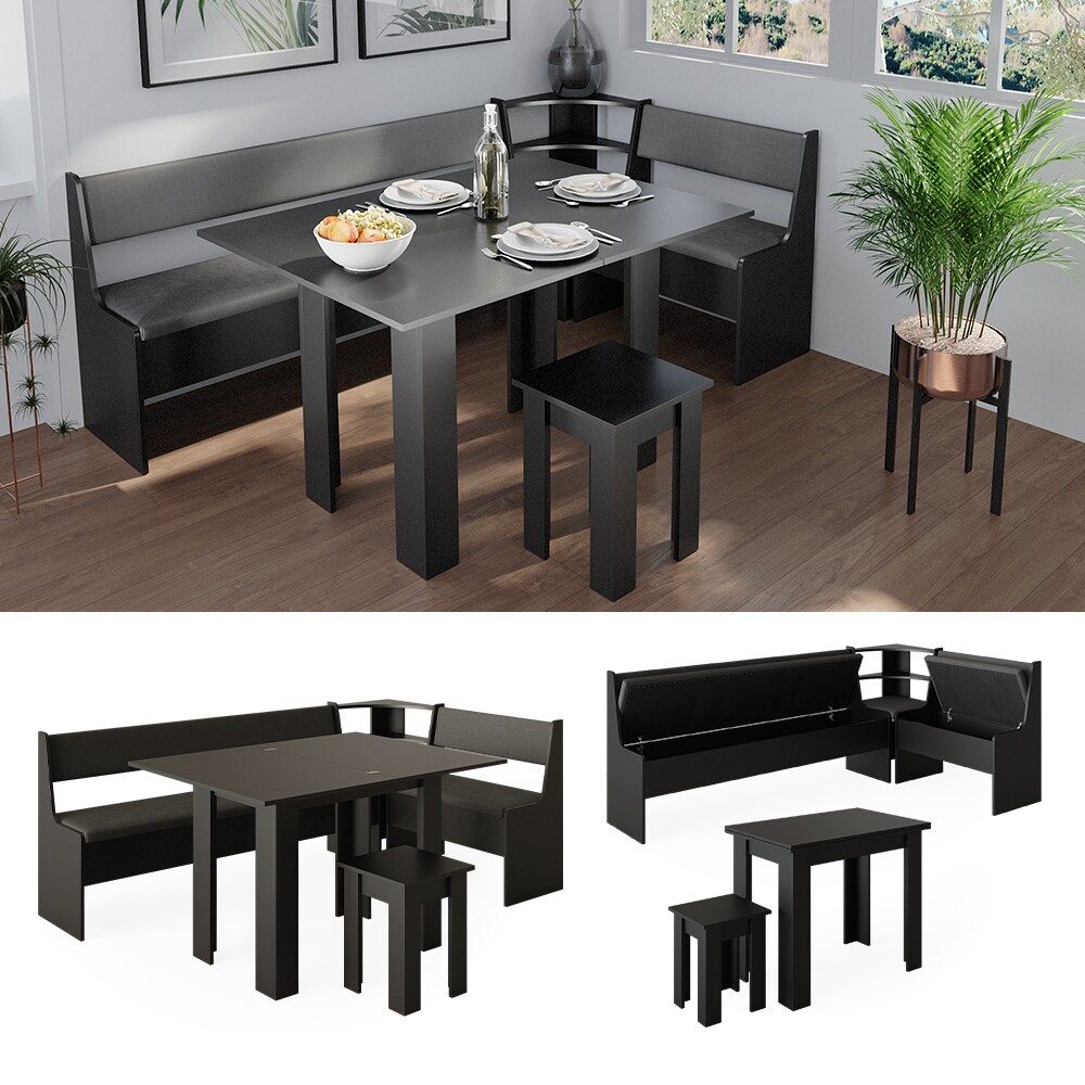 Vicco Eckbankgruppe K&uuml;chensitzgruppe Esszimmergruppe Roman Schwarz modern 210x120 cm Sitzbank Sitzecke K&uuml;chentisch Tischhocker K&uuml;chenm&ouml;bel Polsterm&ouml;bel Esszimmerm&ouml;bel 