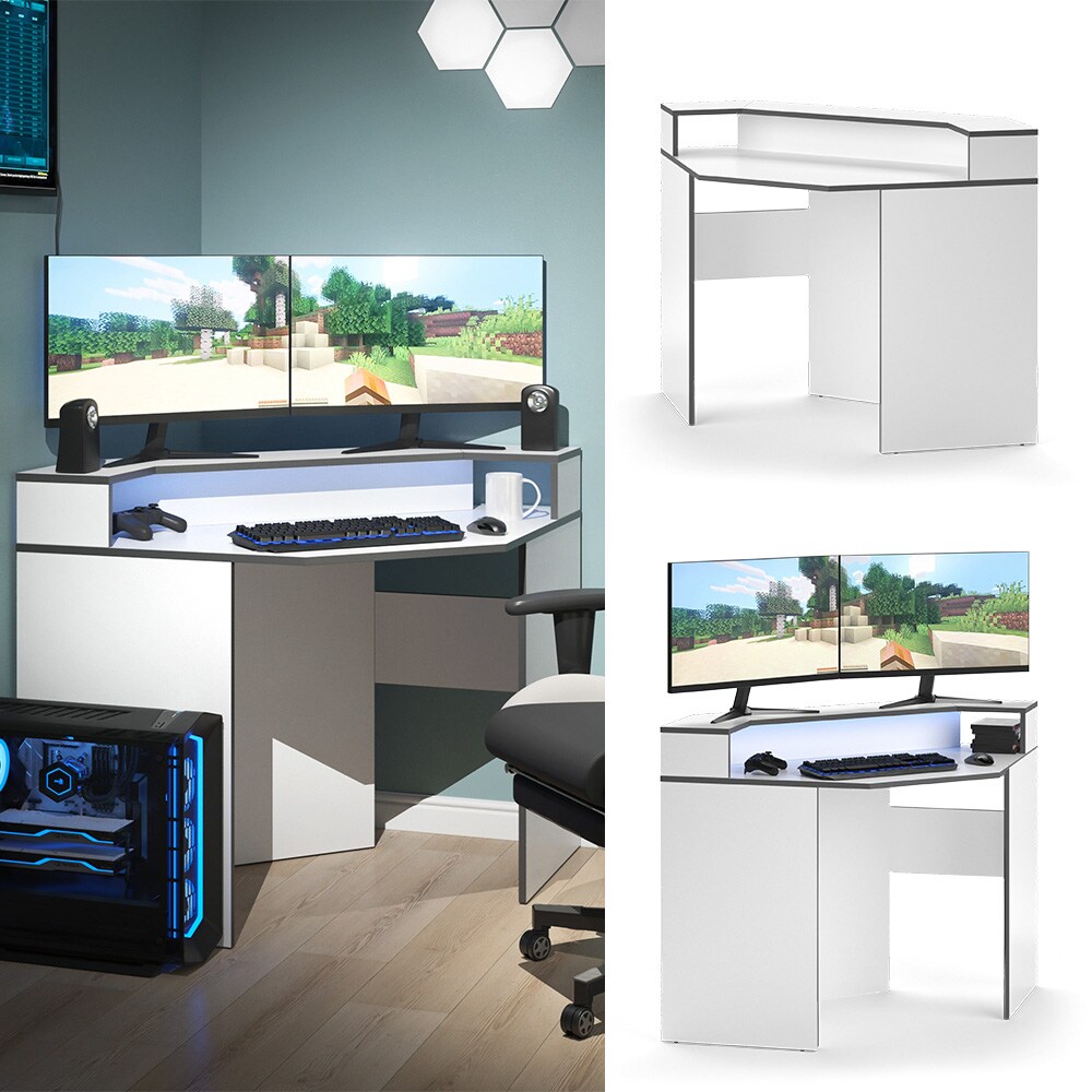 Vicco Eckcomputertisch Schreibtisch Arbeitstisch Kron Wei&szlig; Grau 90x87 modern Monitorempore B&uuml;rotisch PC-Tisch Arbeitszimmer Homeoffice B&uuml;rom&ouml;bel Computerm&ouml;bel Ablage Aufbewahrung 