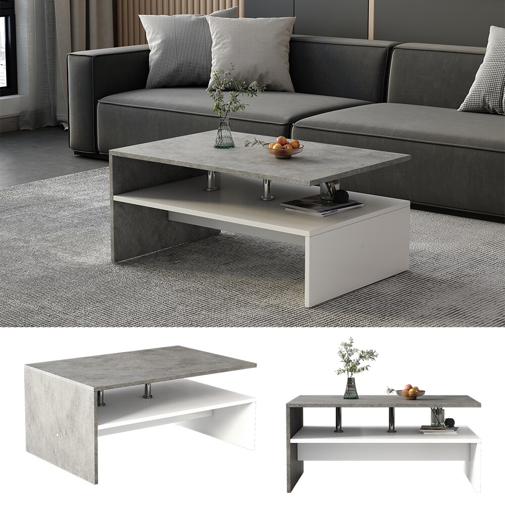 Oskar-Store Couchtisch Mike 90 x 42 cm, Beton Wei&szlig;, moderner Tisch mit Ablagen 