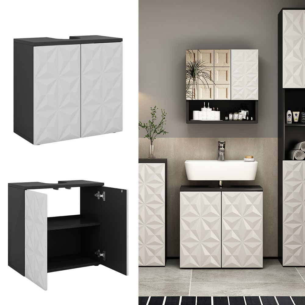 Vicco Waschtischunterschrank Waschbeckenunterschrank Edge Schwarz Wei&szlig; modern 60x57 cm Badezimmer Schrank Badschrank Badkommode Badm&ouml;bel 2 T&uuml;ren 