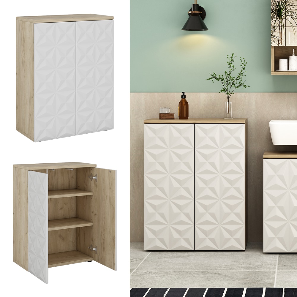 Vicco Badschrank Badezimmerkommode Badezimmerm&ouml;bel Edge Eiche Wei&szlig; modern 60x80 cm Badezimmer Schrank Badm&ouml;bel 2 T&uuml;ren 3 F&auml;cher 
