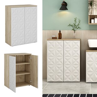 Vicco Badschrank Badezimmerkommode Badezimmermöbel Edge Eiche Weiß modern 60x80 cm Badezimmer Schrank Badmöbel 2 Türen 3 Fächer 
