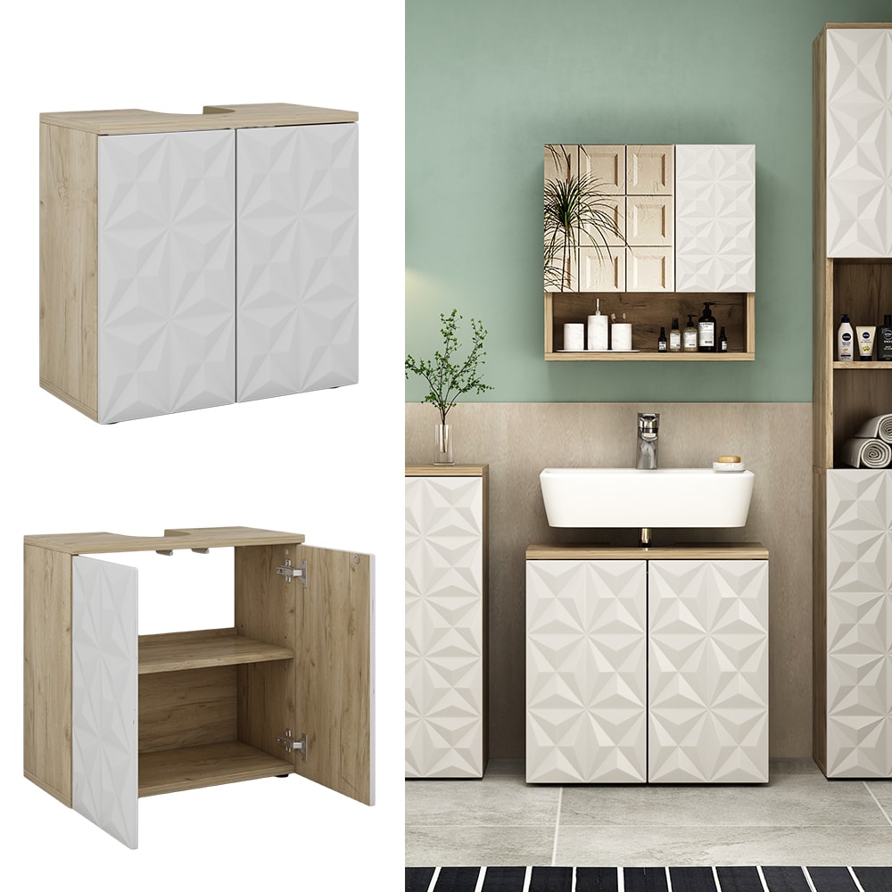 Vicco Waschtischunterschrank Waschbeckenunterschrank Edge Eiche Wei&szlig; modern 60x57 cm Badezimmer Schrank Badschrank Badkommode Badm&ouml;bel 2 T&uuml;ren 