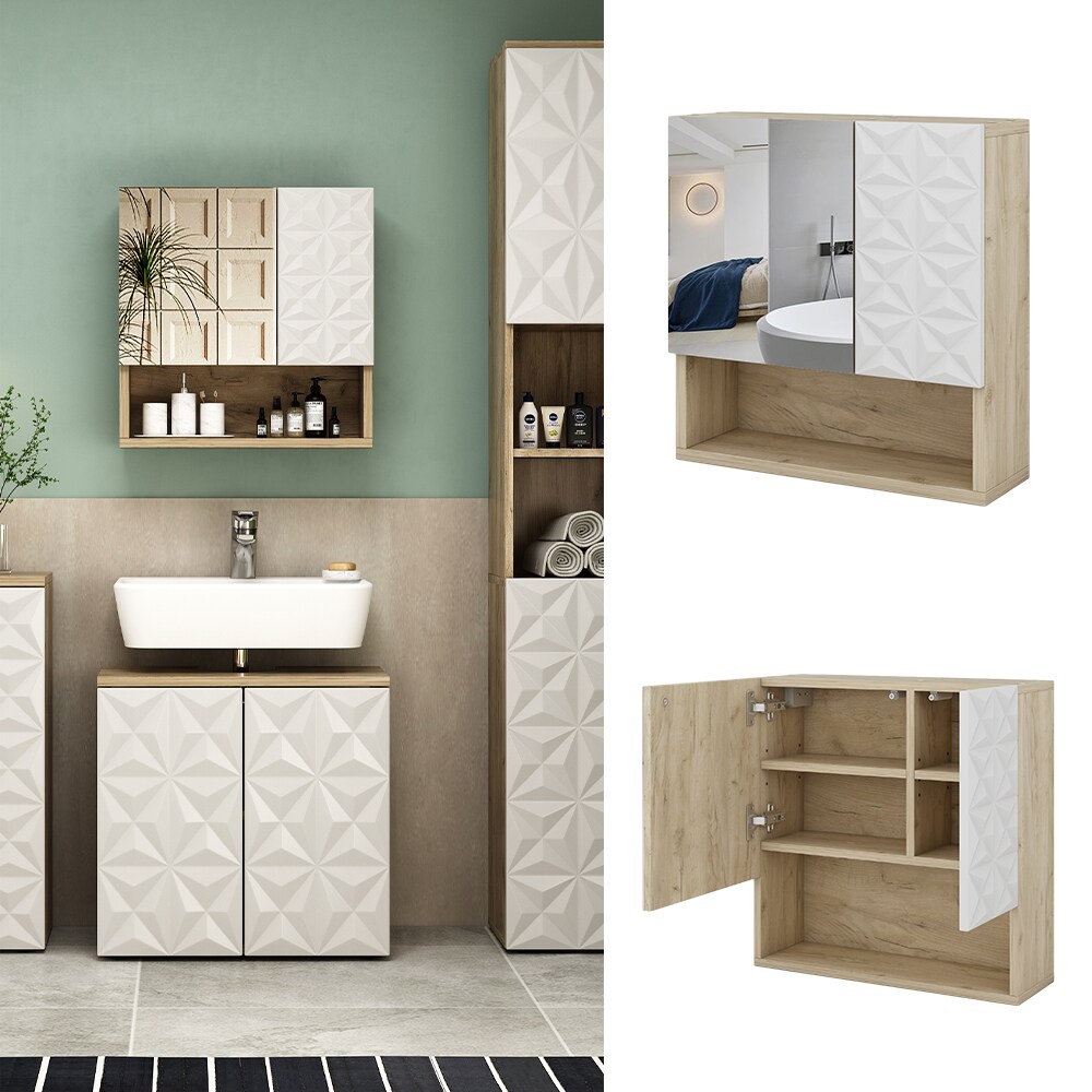 Vicco Spiegelschrank Badspiegel Wandspiegel Edge Eiche Wei&szlig; modern 54x55 cm Badezimmer Schrank Badschrank Badezimmerm&ouml;bel Badm&ouml;bel 2 T&uuml;ren 