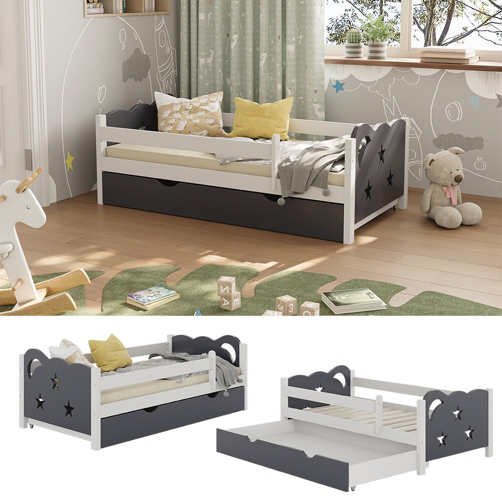 VitaliSpa Kinderbett Einzelbett Juniorbett Jessica Wei&szlig; Grau 140x70 cm modern Kinderzimmer Bett Bettschublade Rausfallschutz 