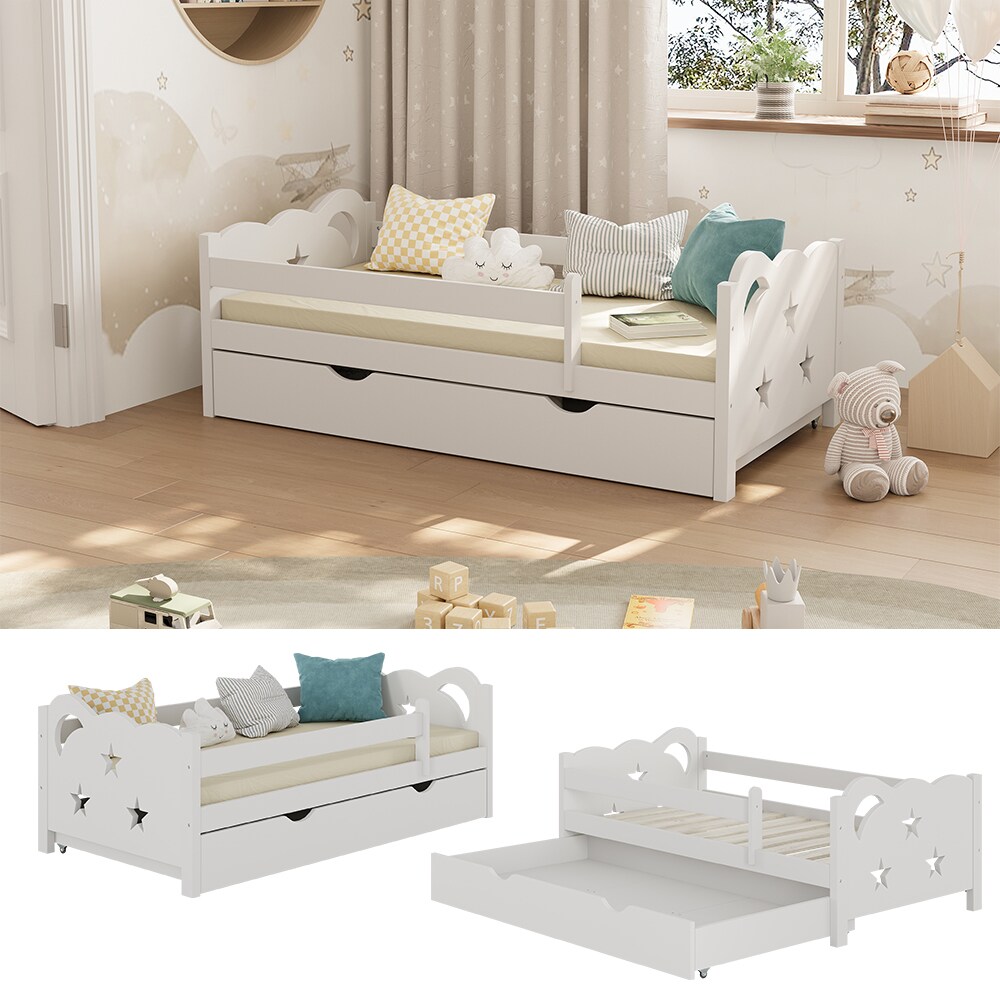 VitaliSpa Kinderbett Einzelbett Juniorbett Jessica Wei&szlig; 140x70 cm modern Kinderzimmer Bett Bettschublade Rausfallschutz 