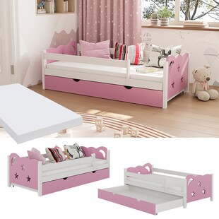 VitaliSpa Kinderbett Einzelbett Juniorbett Jessica Weiß Pink 160x80 cm Matratze modern Kinderzimmer Bett Bettschublade Rausfallschutz 