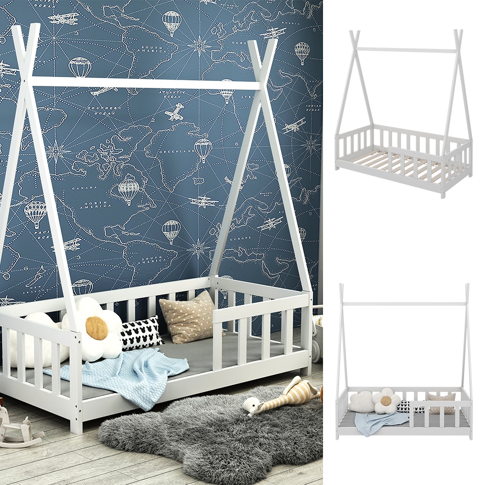 Vicco Kinderbett Tipibett Einzelbett Susanna Wei&szlig; 140 x 70 cm modern Kinderzimmer Bett Lattenrost Rausfallschutz 