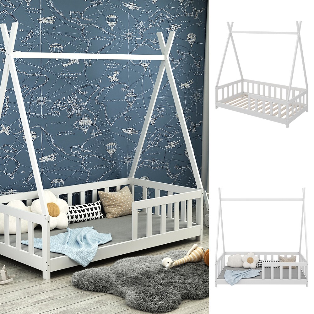 Vitalispa Kinderbett Tipibett Einzelbett Susanna Wei&szlig; 160 x 80 cm modern Kinderzimmer Bett Lattenrost Rausfallschutz 