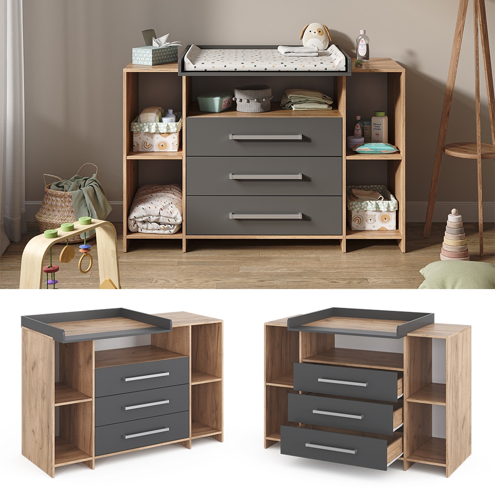 Vicco Wickelkommode Oskar XL 143 x 100 cm, Eiche Anthrazit, inkl. Wickelauflage 