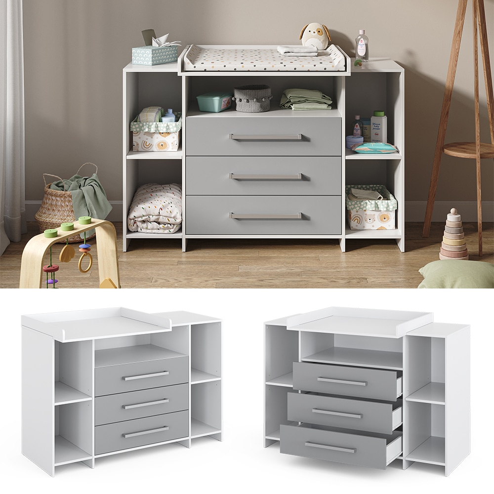 Vicco Wickelkommode Oskar XL 143 x 100 cm, Wei&szlig; Grau, Wickelauflage, Wickeltisch 