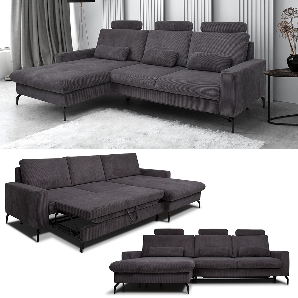 VitaliSpa Wohnlandschaft mit Schlaffunktion Anthrazit, Schlafsofa mit Bettkasten 