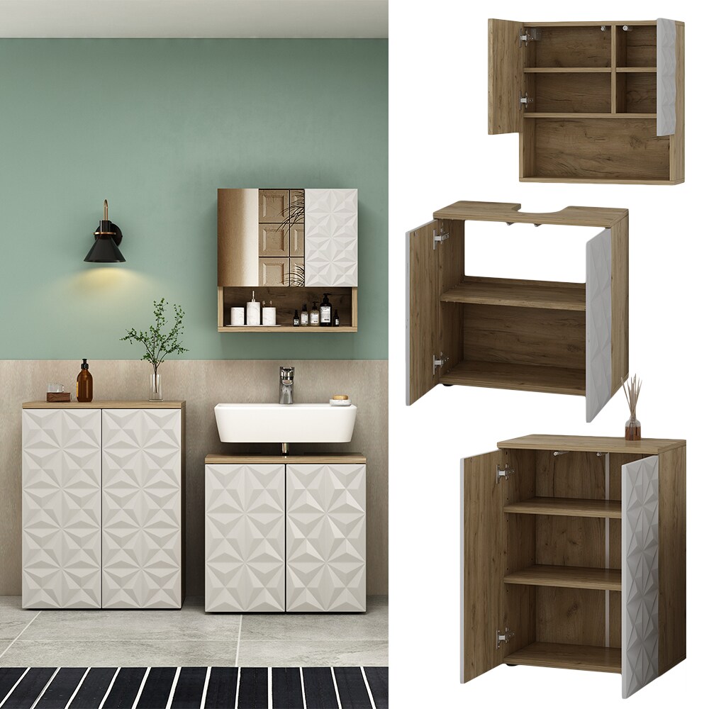 Vicco Badm&ouml;bel-Set Badezimmer-M&ouml;bel Bad-Schrank Edge Eiche Wei&szlig; modern Badezimmerschrank Waschbeckenunterschrank Spiegelschrank Badezimmerkommode 