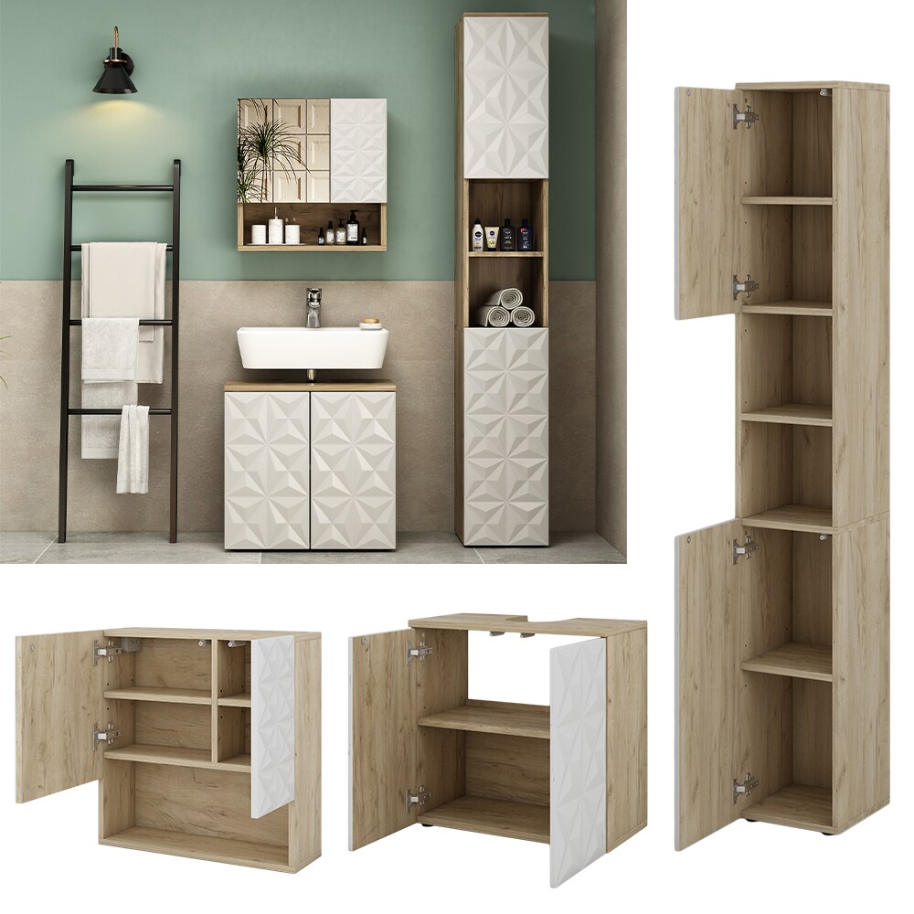 Vicco Badm&ouml;bel-Set Badezimmer-M&ouml;bel Bad-Schrank Edge Eiche Wei&szlig; modern Badezimmerschrank Waschbeckenunterschrank Spiegelschrank Hochschrank Badezimmerkommode 
