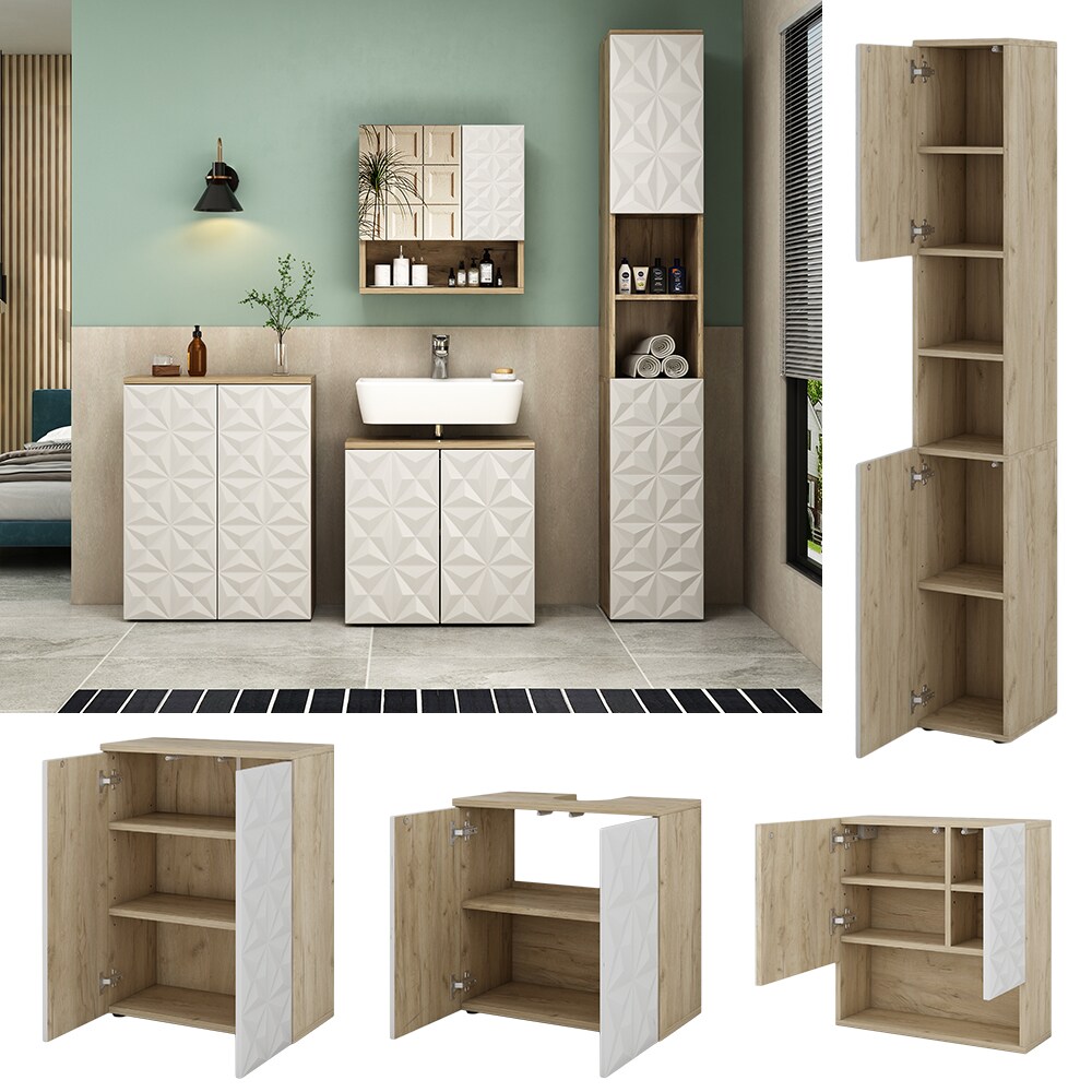 Vicco Badm&ouml;bel-Set Badezimmer-M&ouml;bel Bad-Schrank Edge Eiche Wei&szlig; modern Badezimmerschrank Waschbeckenunterschrank Spiegelschrank Hochschrank Badezimmerkommode 