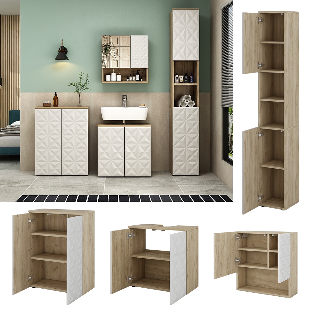 Vicco Badmöbel-Set Badezimmer-Möbel Bad-Schrank Edge Eiche Weiß modern Badezimmerschrank Waschbeckenunterschrank Spiegelschrank Hochschrank Badezimmerkommode