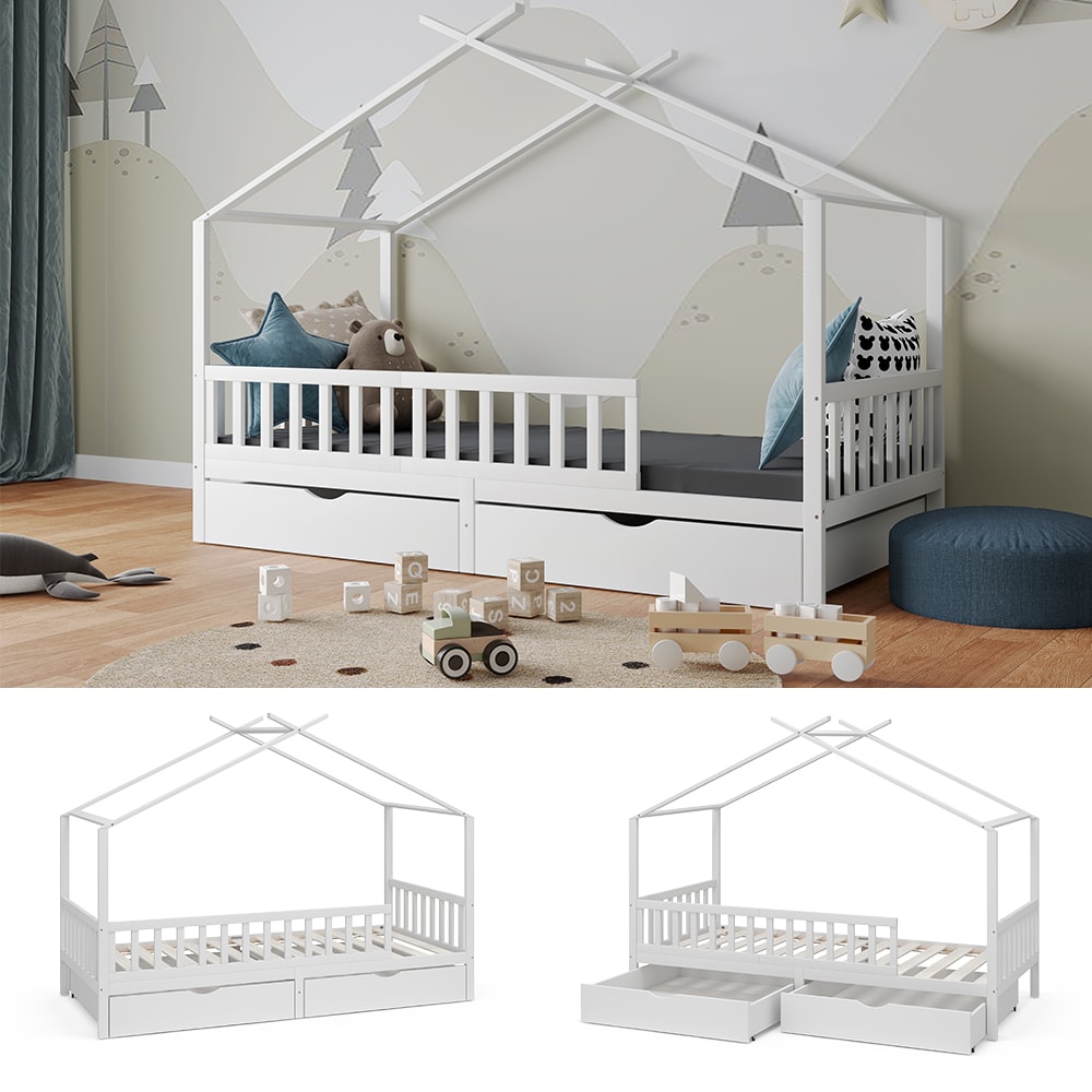 Vitalispa Kinderbett Bettenhaus Einzelbett Franka Wei&szlig; 200 x 90 cm modern Kinderzimmer Bett Bettschublade Lattenrost Rausfallschutz 