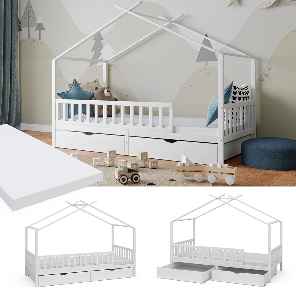 Vitalispa Kinderbett Bettenhaus Einzelbett Franka Wei&szlig; 200 x 90 cm Matratze modern Kinderzimmer Bett Bettschublade Lattenrost Rausfallschutz 