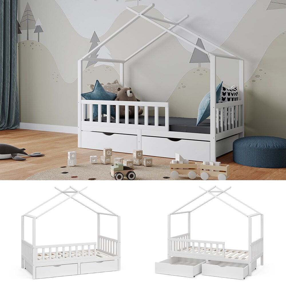 Vitalispa Kinderbett Bettenhaus Einzelbett Franka Wei&szlig; 160 x 80 cm modern Kinderzimmer Bett Bettschublade Lattenrost Rausfallschutz 