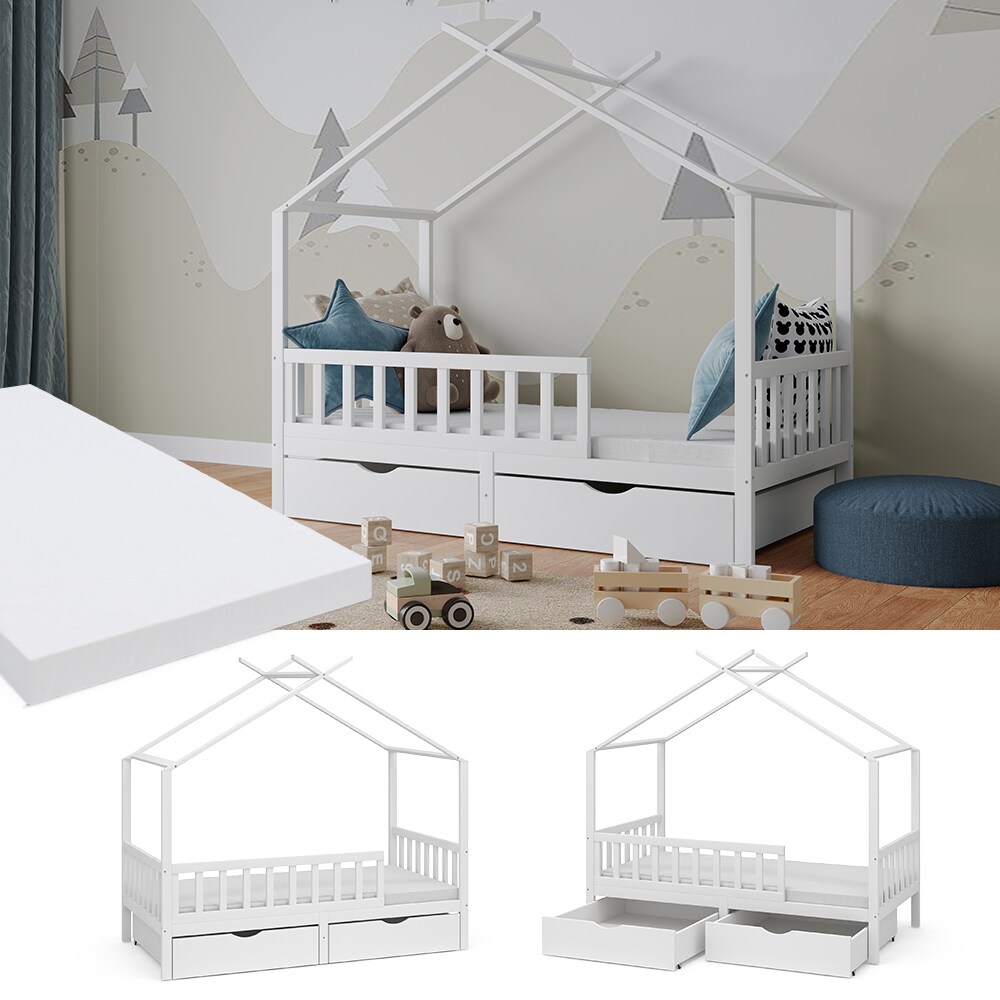 Vitalispa Kinderbett Bettenhaus Einzelbett Franka Wei&szlig; 160 x 80 cm Matratze modern Kinderzimmer Bett Bettschublade Lattenrost Rausfallschutz 