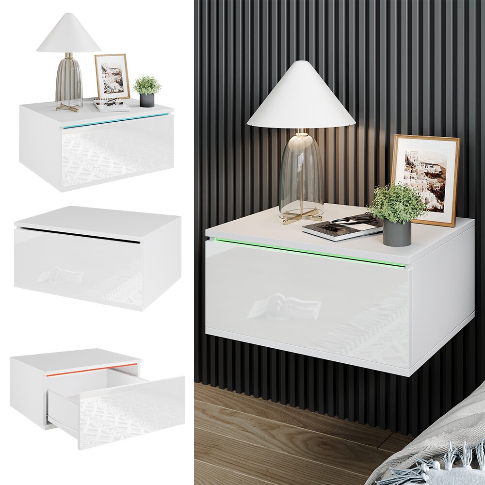 Vicco Nachtschrank Samira 49 x 38 cm, Wei&szlig; Hochglanz + LED, Fernbedienung 