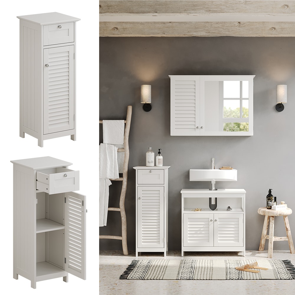 Vicco Midischrank Riad 32 x 87 cm, Wei&szlig;, T&uuml;r, Schublade, Badezimmer 