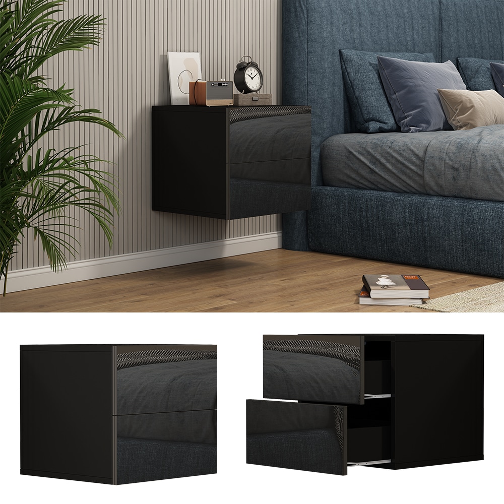 Vicco Nachtschrank Sofie 49,6 x 45 cm, Schwarz Hochglanz, 2 Schubladen 