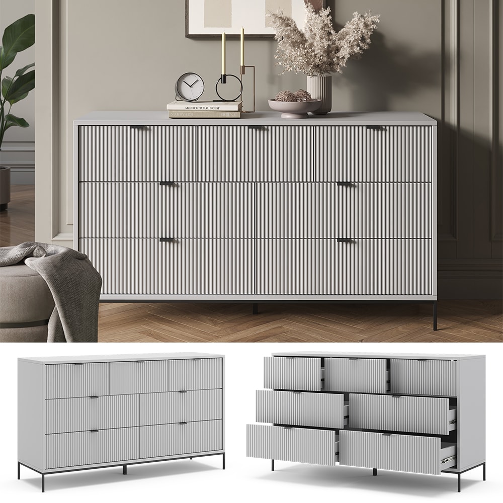Vicco Sideboard Eliza 140 x 42 cm, Grau, Wohnzimmerschrank mit 7 Schubladen 