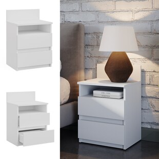 Vicco Nachttisch Monty, 39,6 x 59,1 cm, Weiß, Nachtschrank mit 2 Schubfächer 