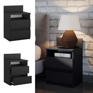 Vicco Nachttisch Monty, 39,6 x 59,1 cm, Schwarz, Nachtschrank mit 2 Schubfächer 