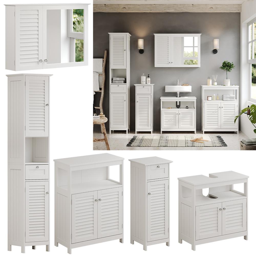Vicco Badm&ouml;bel-Set Riad, Wei&szlig;, Badezimmer, moderne Badserie, Lamellen-Front, Waschtischunterschrank, Spiegelschrank, Midischrank, Hochschrank, Sideboard 