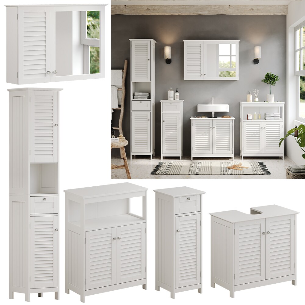 Vicco Badm&ouml;bel-Set Riad, Wei&szlig;, Badezimmer, moderne Badserie, Lamellen-Front, Waschtischunterschrank, Spiegelschrank, Midischrank, Hochschrank, Sideboard 