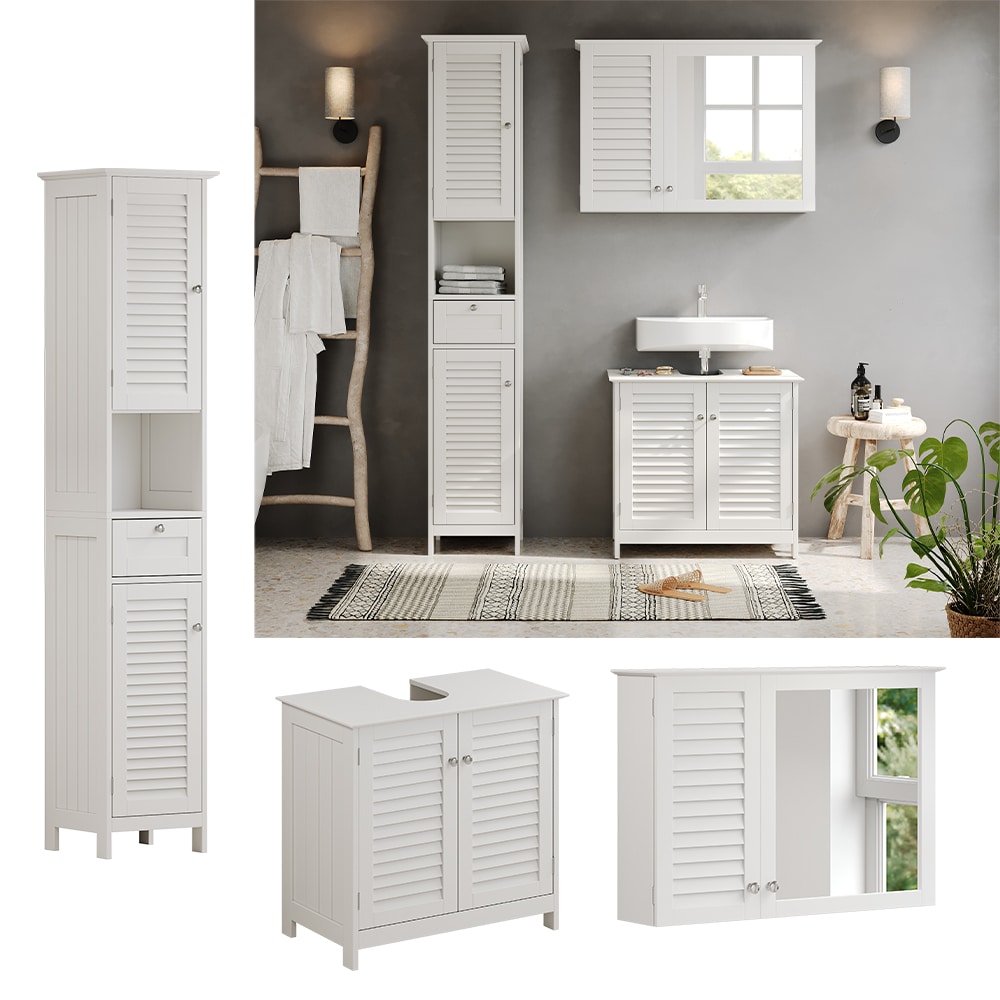 Vicco Badm&ouml;bel-Set Riad, Wei&szlig;, Badezimmer, moderne Badserie, Lamellen-Front, Waschtischunterschrank, Spiegelschrank, Hochschrank 