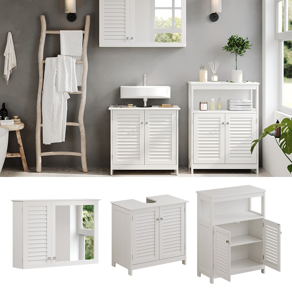 Vicco Badm&ouml;bel-Set Riad, Wei&szlig;, Badezimmer, moderne Badserie, Lamellen-Front, Waschtischunterschrank, Spiegelschrank, Sideboard 