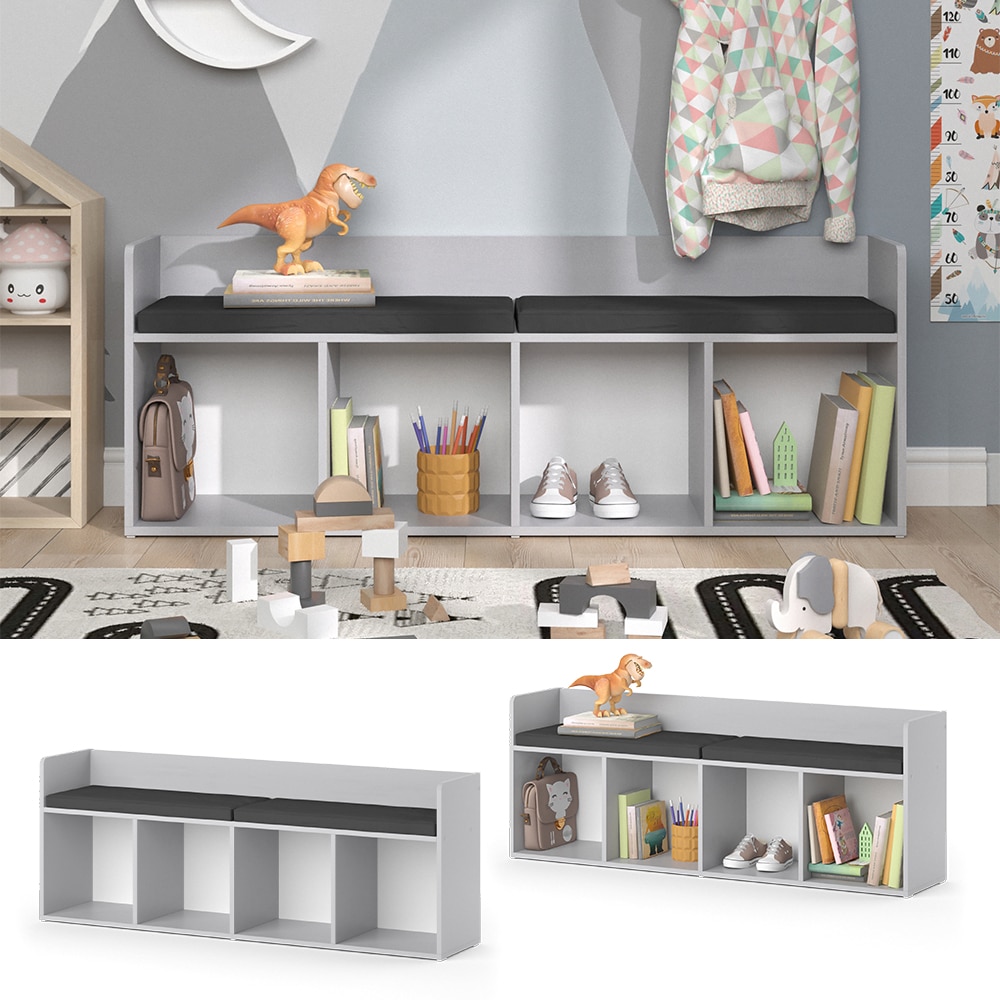 Vicco Sitzbank Kinderzimmerbank Kinderregal Luigi Hellgrau 142x53 cm modern Kinderzimmer Regal Aufbewahrungsregal B&uuml;cherregal Lesebank Spielzeugaufbewahrung Organizer Regal-Bank-Kombi 4 F&auml;cher 
