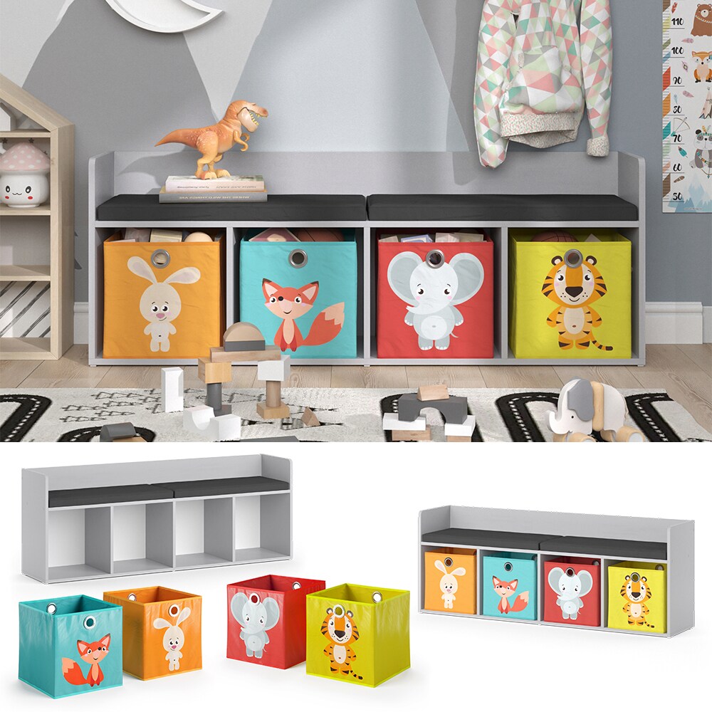 Vicco Sitzbank Kinderzimmerbank Kinderregal Luigi Hellgrau 142x53 cm modern Faltbox Kinderzimmer Regal Aufbewahrungsregal B&uuml;cherregal Lesebank Spielzeugaufbewahrung Organizer Regal-Bank-Kombi 4 F&auml;cher 