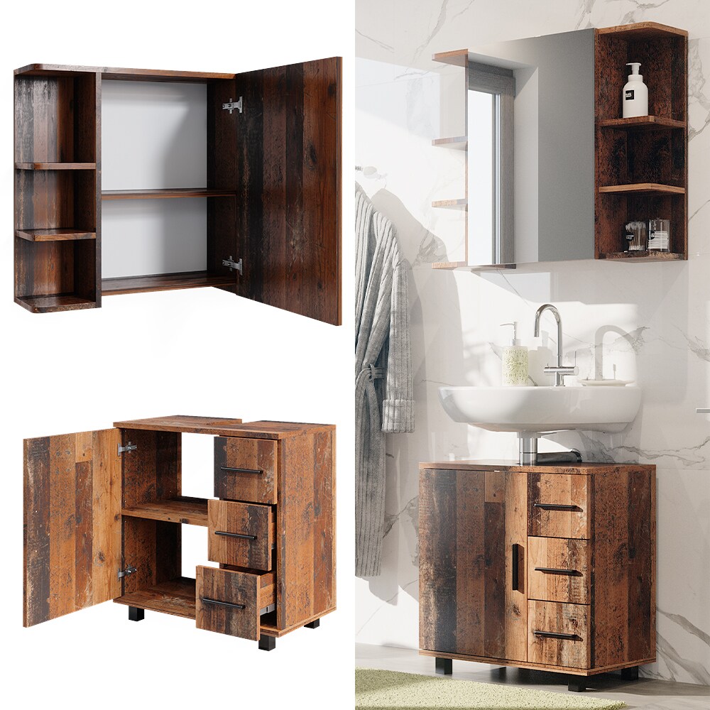 Vicco Badm&ouml;belset Ilias Old Style modern Badezimmerschrank Badschrank Badezimmerm&ouml;bel Waschtischunterschrank Waschbeckenunterschrank Spiegelschrank Schrankt&uuml;r Schrankfach Schrankschublade 