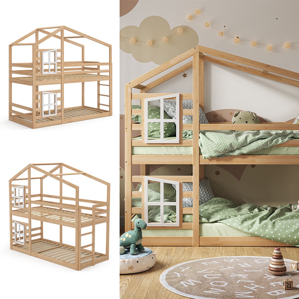 Vitalispa Doppelstockbett Maja 200 x 90 cm Natur mit Leiter, Etagenbett, 2 Kinder 