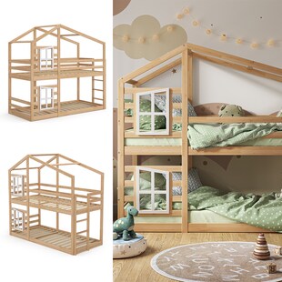 Vitalispa Doppelstockbett Maja 200 x 90 cm Natur mit Leiter, Etagenbett, 2 Kinder 