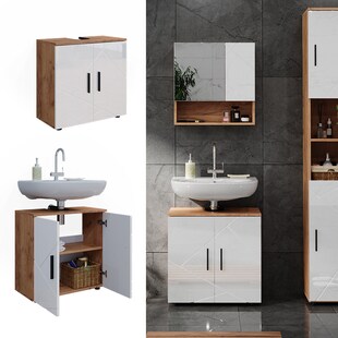 Vicco Waschtischunterschrank Waschbeckenunterschrank Irma Eiche Weiß Hochglanz modern 60x59 cm Badezimmer Schrank Badschrank Badkommode Badmöbel 2 Türen 