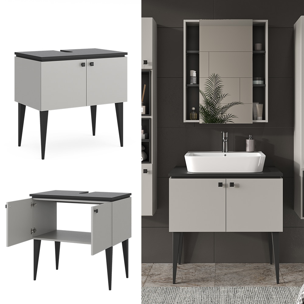 Vicco Waschtischunterschrank Gerta, 80 x 79 cm, Grau-Schwarz, Unterschrank Badezimmer 