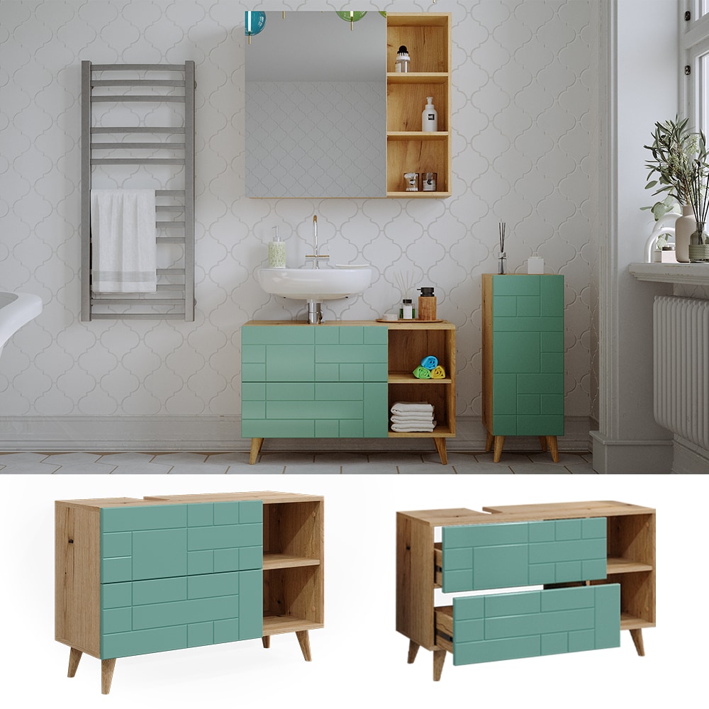 Vicco Waschtischunterschrank Rudi 90 x 59 cm, Eiche Evoke Mintgr&uuml;n, Badschrank 