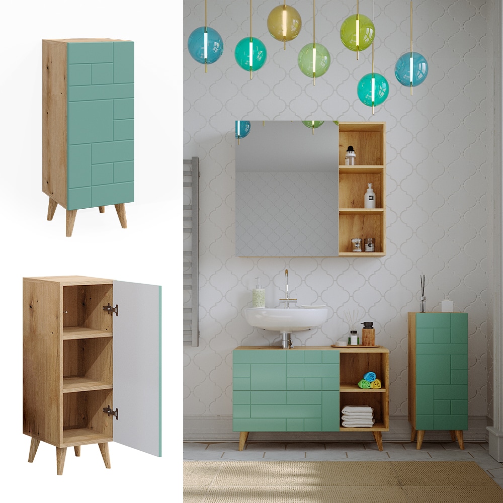 Vicco Midischrank Rudi 30,3 x 80,3 cm, Eiche Evoke Mintgr&uuml;n, schmaler Badschrank 