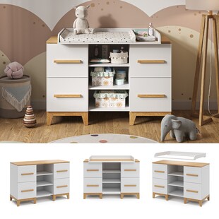 VitaliSpa Wickelkommode Malia XL 133 x 70 cm, Weiß Eiche, Wickeltisch, Wickelauflage 