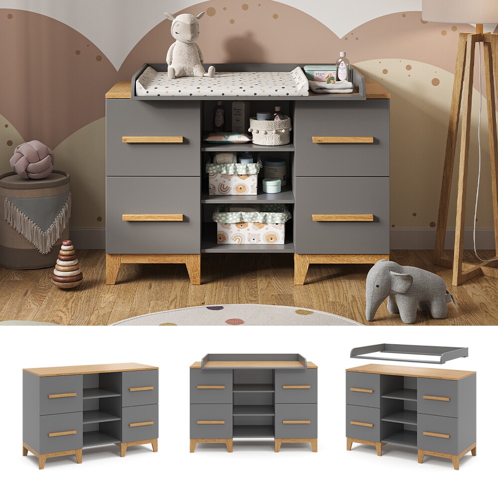 VitaliSpa Wickelkommode Malia XL 133 x 70 cm, Grau Eiche, Wickeltisch, Wickelauflage 