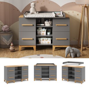 VitaliSpa Wickelkommode Malia XL 133 x 70 cm, Grau Eiche, Wickeltisch, Wickelauflage 