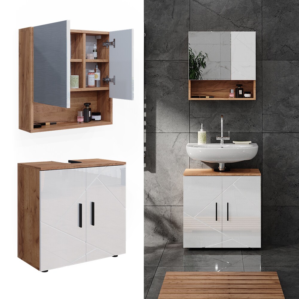 Vicco Badm&ouml;belset Irma Eiche Wei&szlig; Hochglanz modern Badezimmerschrank Badschrank Badezimmerm&ouml;bel Waschtischunterschrank Spiegelschrank Schrankt&uuml;r Schrankfach 