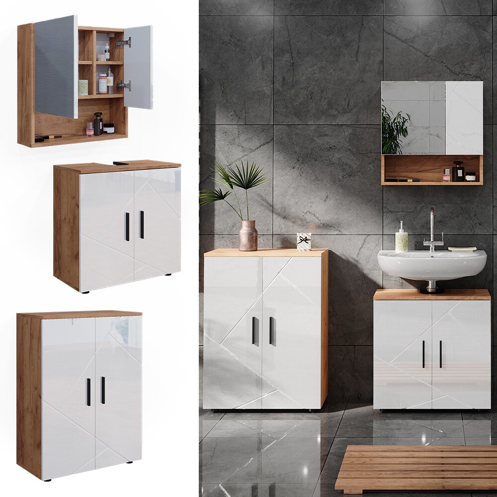 Vicco Badm&ouml;belset Irma Eiche Wei&szlig; Hochglanz modern Badezimmerschrank Badschrank Badezimmerm&ouml;bel Waschtischunterschrank Spiegelschrank Kommode Schrankt&uuml;r Schrankfach 