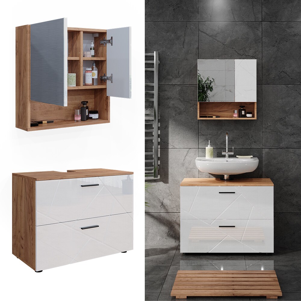 Vicco Badm&ouml;belset Irma Eiche Wei&szlig; Hochglanz modern Badezimmerschrank Badschrank Badezimmerm&ouml;bel Waschtischunterschrank Spiegelschrank Schrankschublade Schrankfach Schrankt&uuml;r 