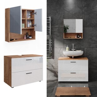 Vicco Badmöbelset Irma Eiche Weiß Hochglanz modern Badezimmerschrank Badschrank Badezimmermöbel Waschtischunterschrank Spiegelschrank Schrankschublade Schrankfach Schranktür 